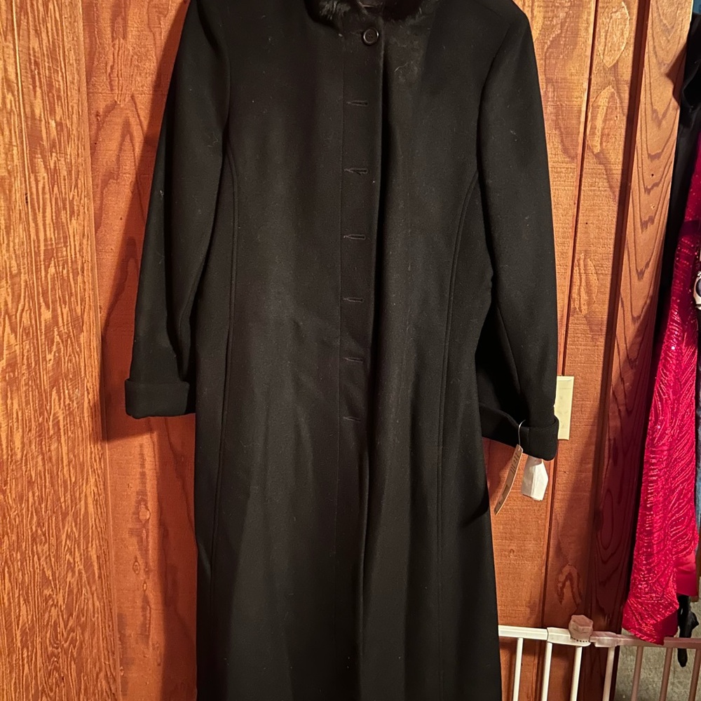 Charles Klein Brand Black Trench Coat with Fur Lined Hood